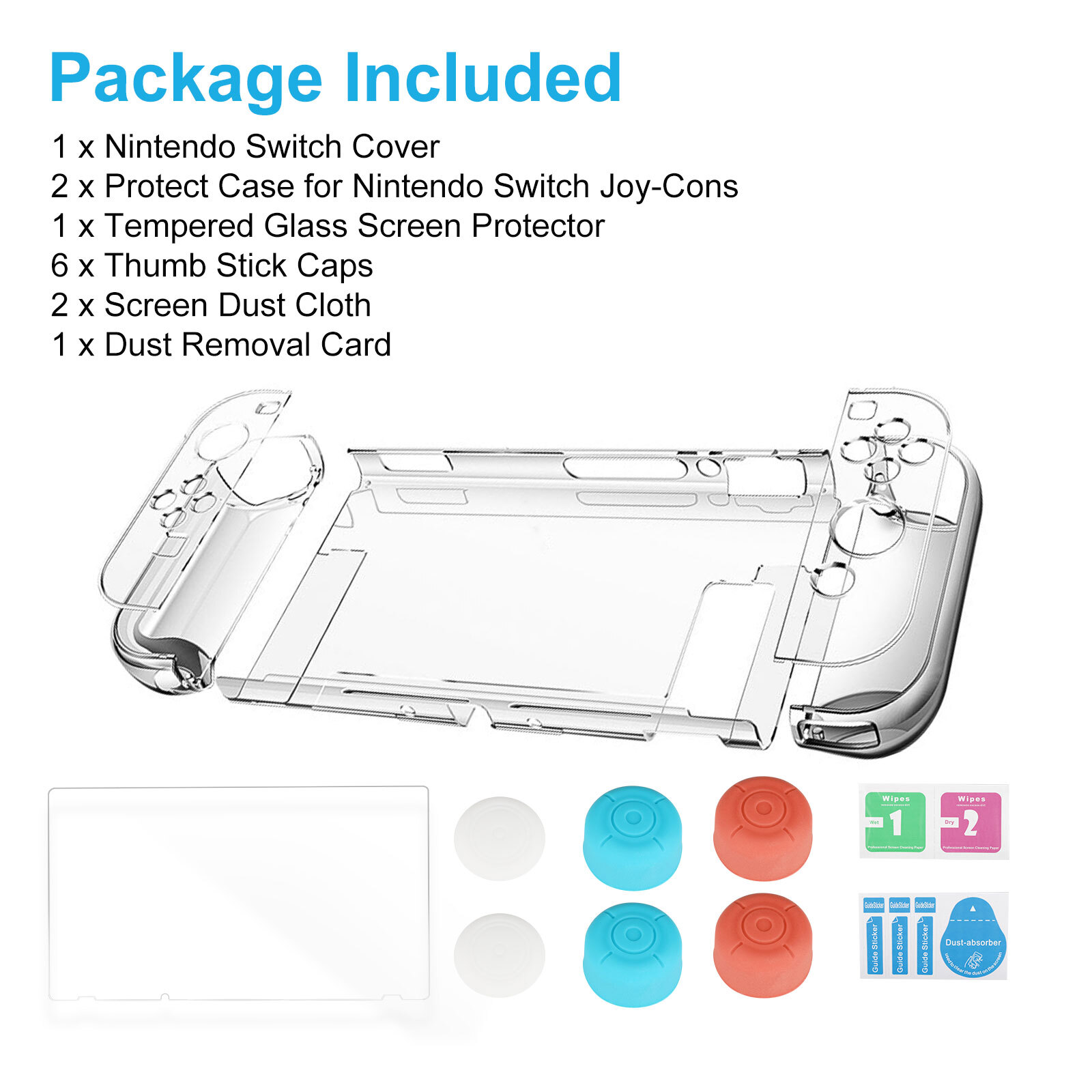 Protective Clear Hard Case+Screen Protector +Thumb Grip Caps for Nintendo Switch