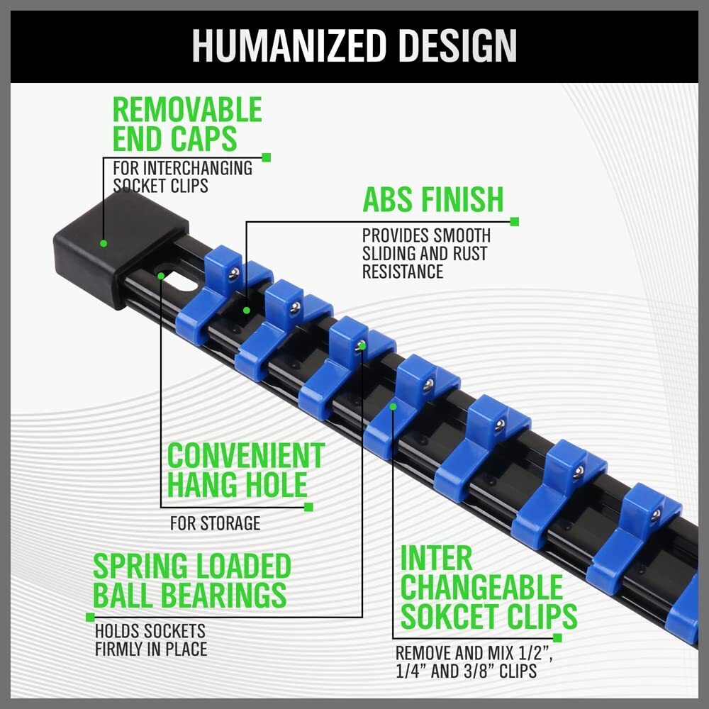9pc Mountable Socket Organizer Rail Rack for 1/4, 3/8, 1/2 Drive Tools