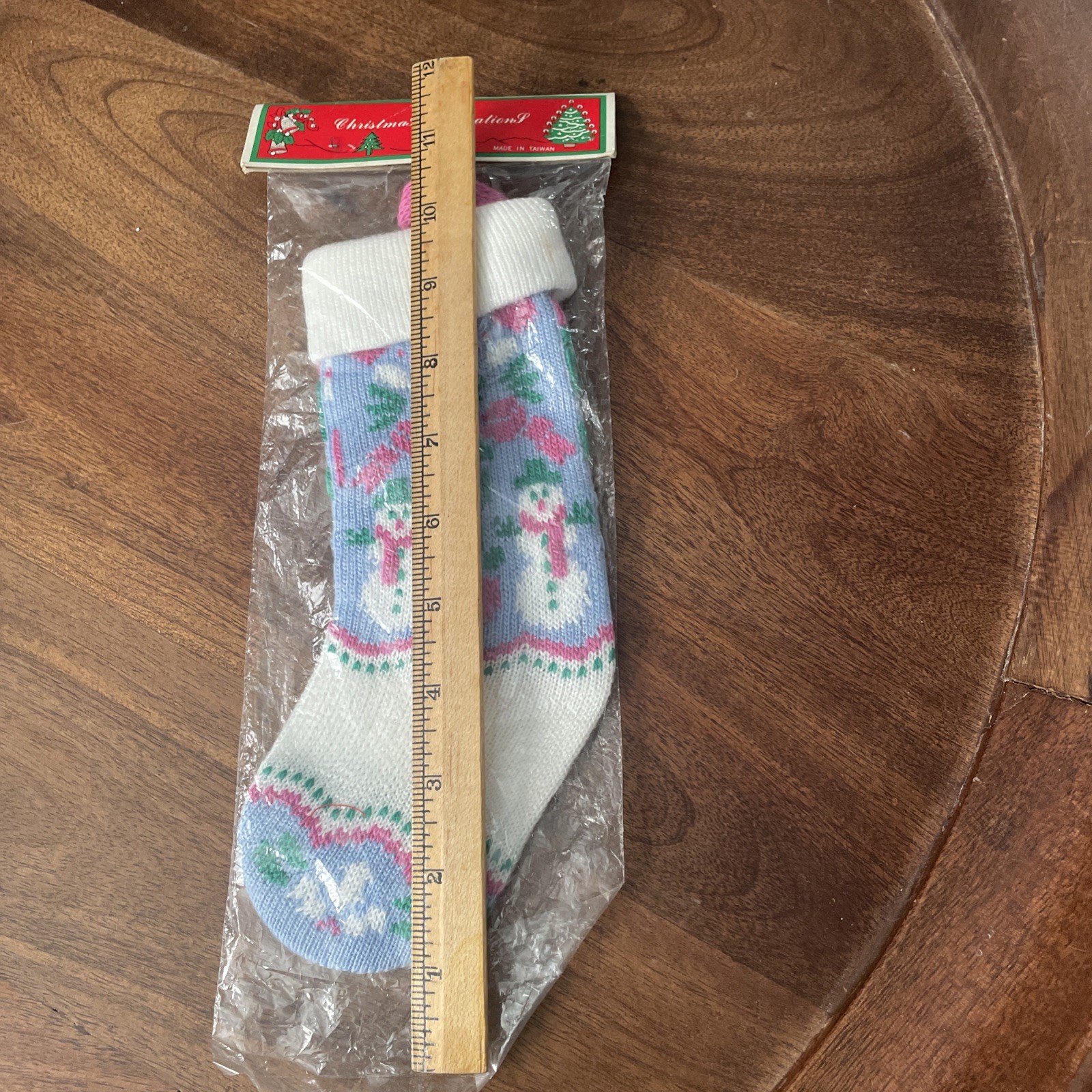 Vintage Christmas Knitted Mini Stocking Ornament Pink Blue 1980s Taiwan Snowman