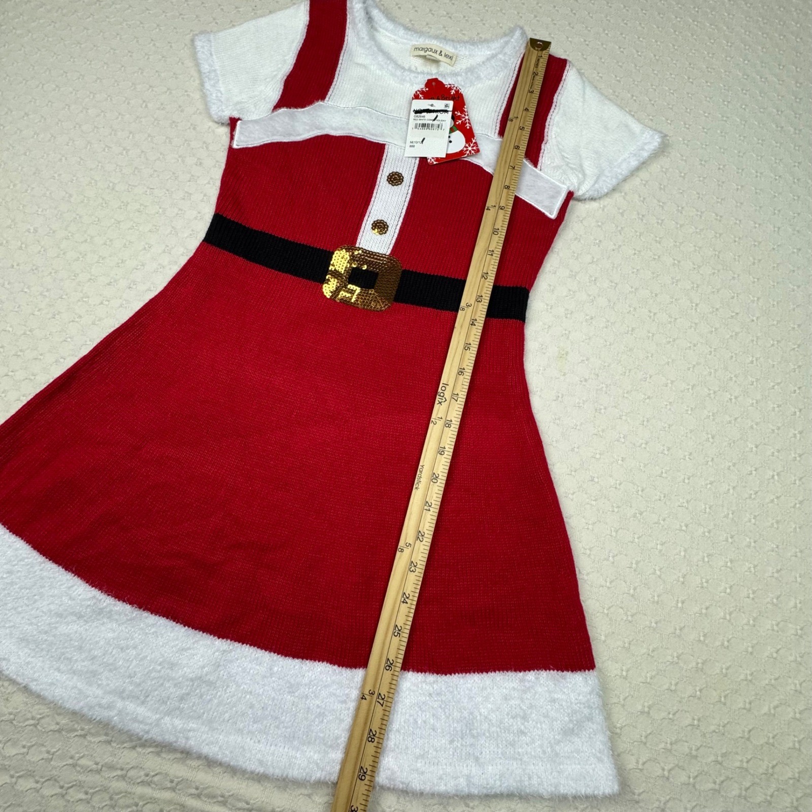 NEW Margaux Lexi Girl Red White Santa Dress Knit Sequins Belt Sz M 10 12 Holiday