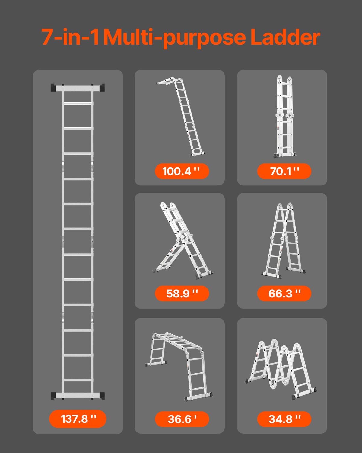 Multi-Purpose Folding Ladder 7-in-1 3 Step 12ft Reach Height for Work