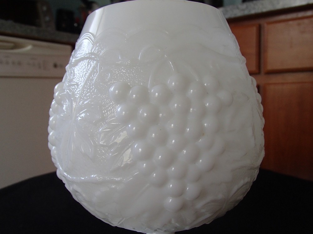 WHITE MILK GLASS GRAPE DESIGNED GOBBLET WITH RARE BRASS BASE