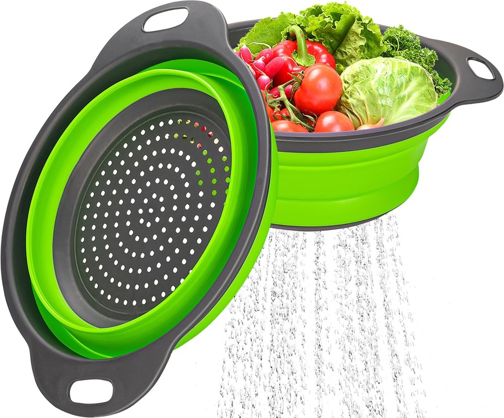 2 Pack Green Collapsible Silicone Colanders Round Kitchen Strainer Set Plastic