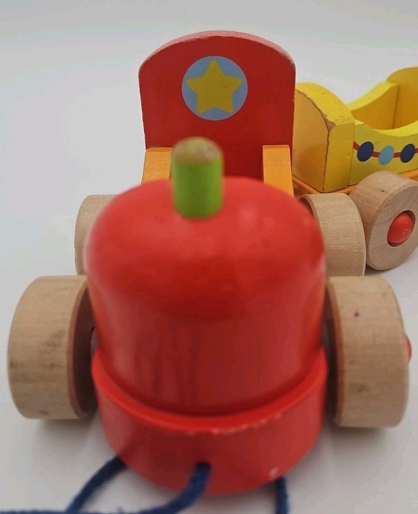 Goki Wooden Train Vintage With Pull String 3 Train Sections Red Yellow Blue 13"
