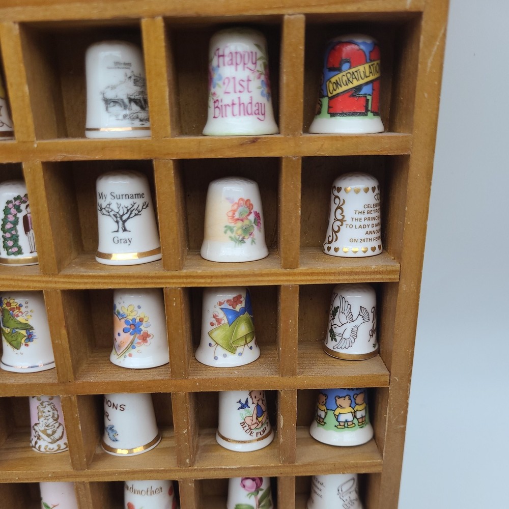 Vintage Thimble Display Case with 50 Mixed Various Thimbles Good Condition
