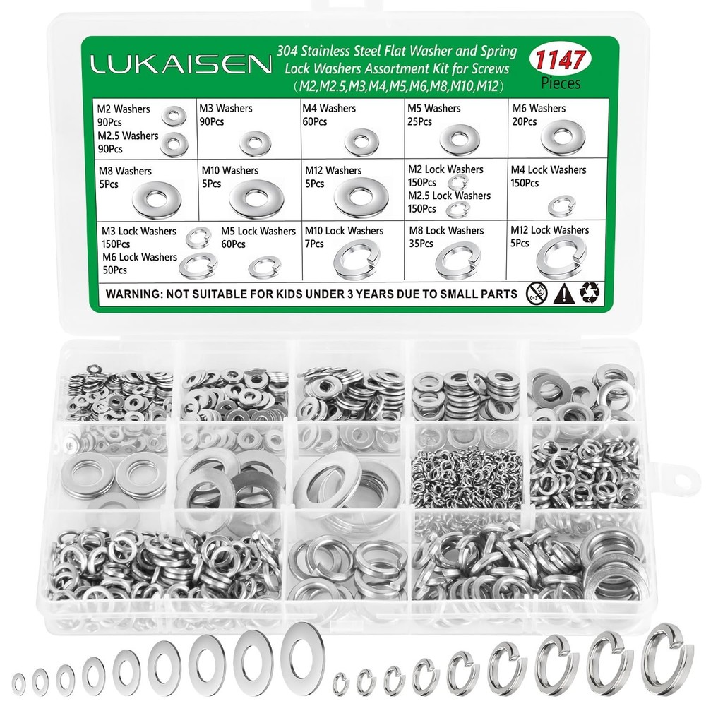 1147PCS Flat and Spring Lock Washers Assortment Kit, Metric Split Lock Washer...