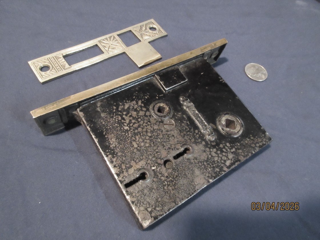 Antique Ornate Nashua Entry Mortise Lock Latch w/ Strike Plate 1885 Bronze