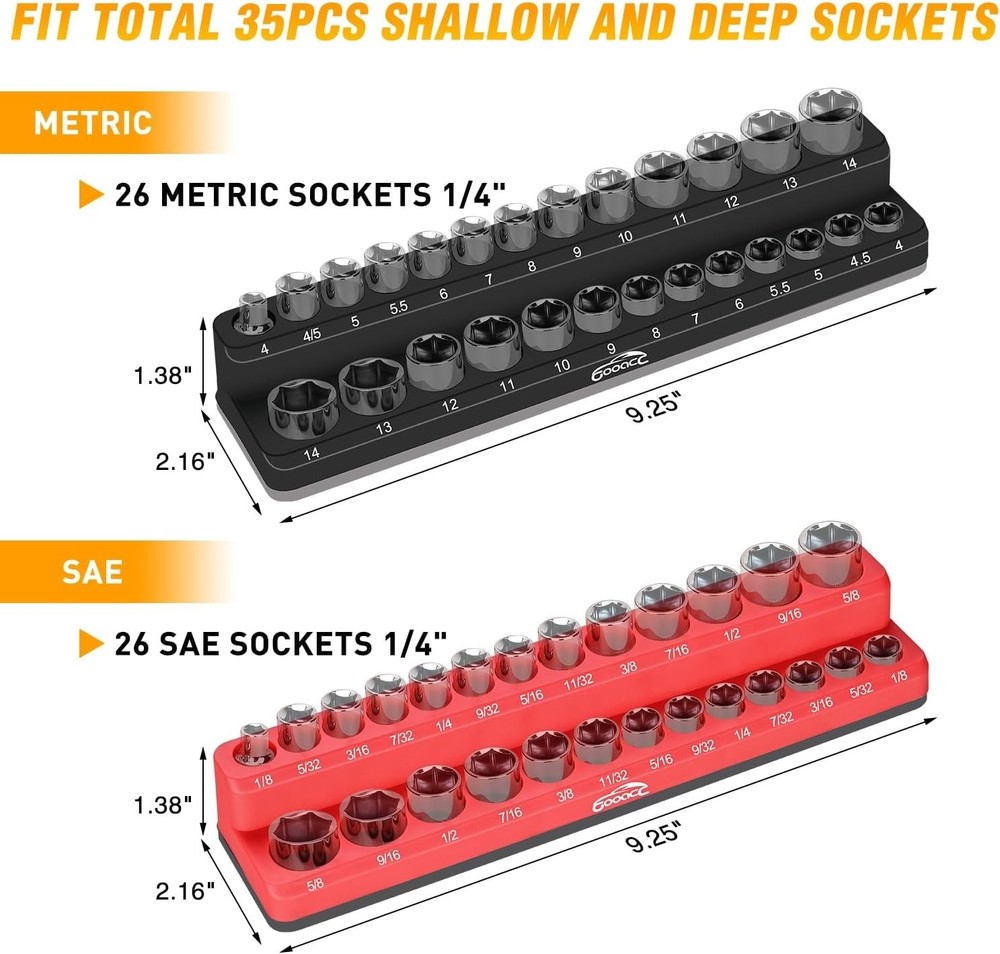 1/4" Magnetic Socket Organizer, 2 Pieces Socket Holder Metric SAE Socket Tray...