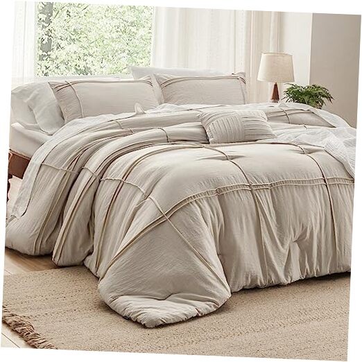 Beige Comforter Set - 4 Pieces Grid Pleated Bed Set, Down Queen 17 - Grid
