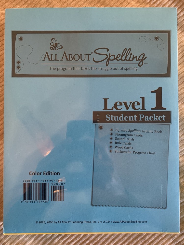 All About Learning Press Spelling Level 1 Student Packet & Zip Activity Book