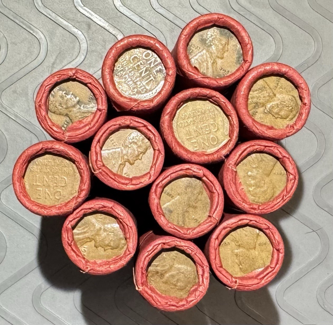 SEALED, UNSEARCHED, OBW (Old Bank Wrapper-RED) Wheat Cent Rolls, 1909-58 mixed