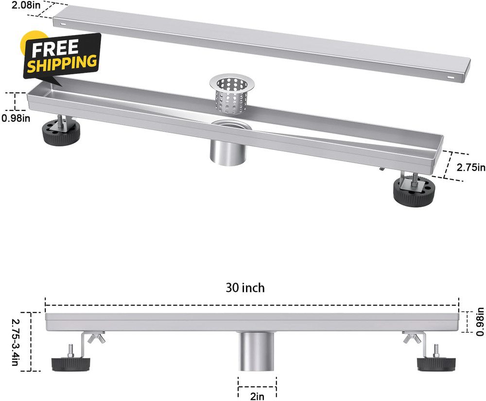 Linear Shower Drain 30 Inch Brushed Nickel with Tile Insert Rectangle Floor