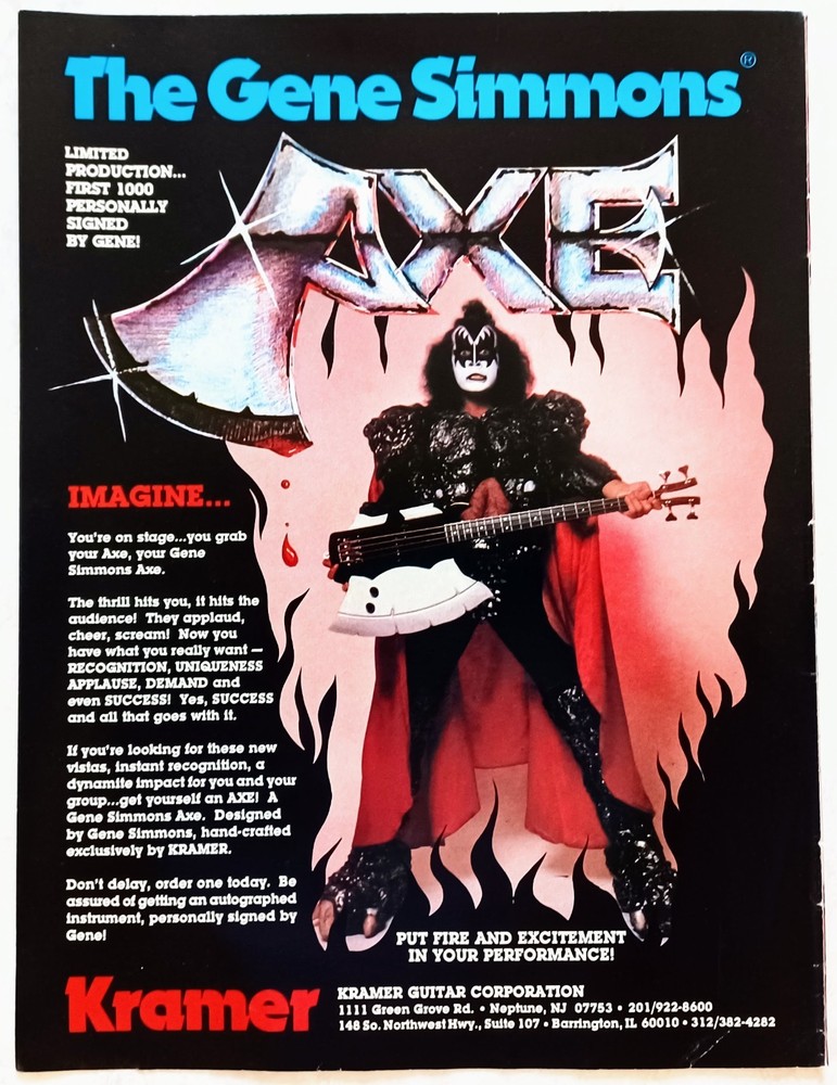 KRAMER GUITARS~KISS GENE SIMMONS AXE BASS~ORIG 1981 PROMO PRINT AD POSTER PINUP