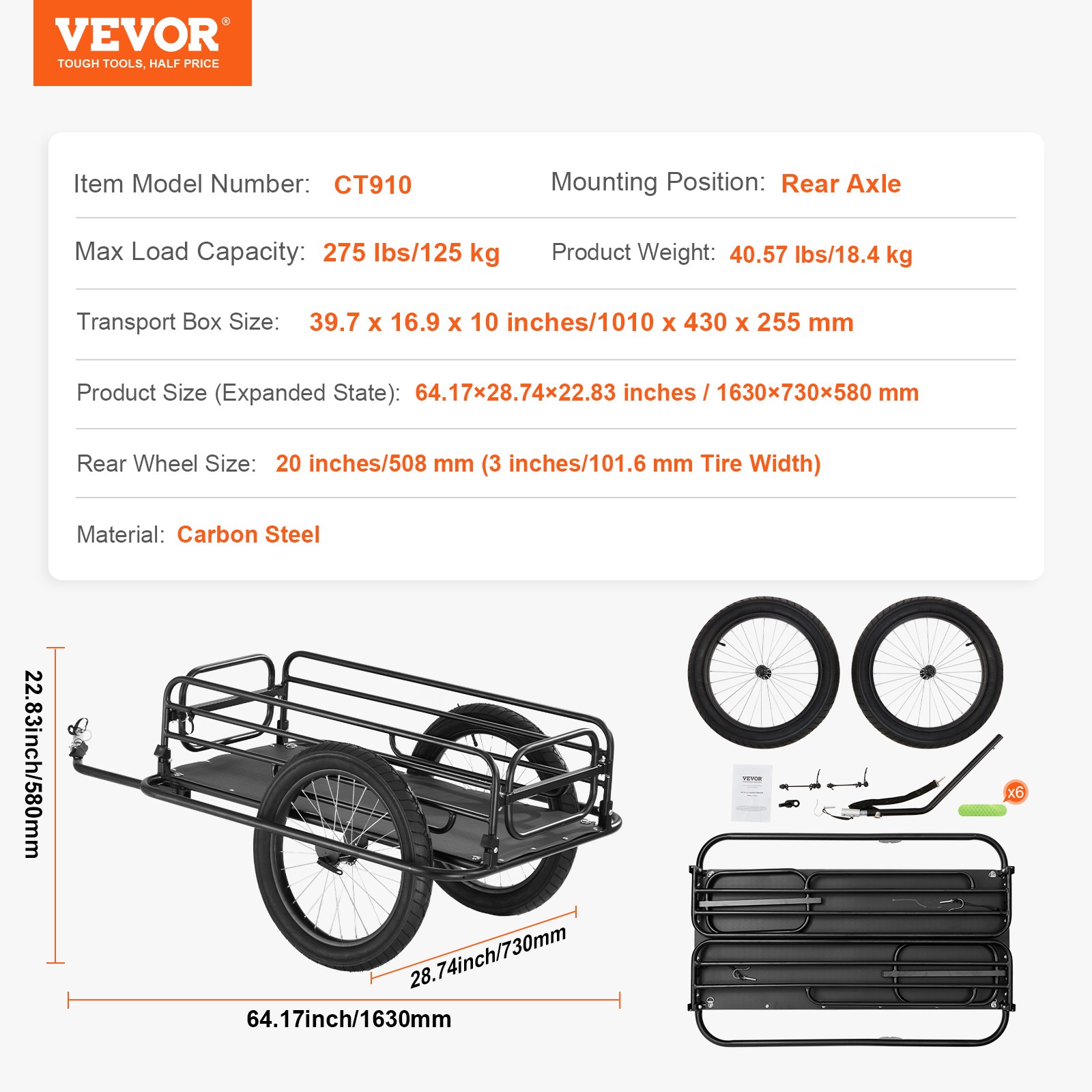 VEVOR Bike Cargo Trailer Bicycle Carrier Storage Cart 275 lbs Load Carbon Steel