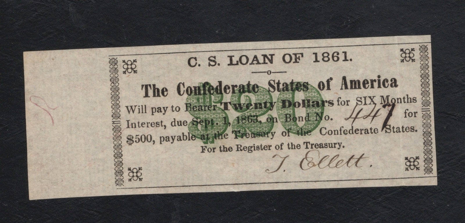 ORIGINAL 1861 $20 CONFEDERATE CIVIL WAR BOND COUPON