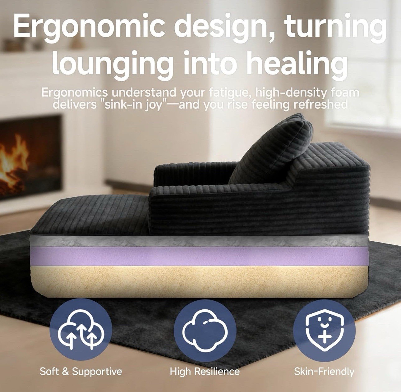 45'' Chaise Lounge Chair Indoor, Corduroy Upholstered Boneless Sofa Bed, Deep...