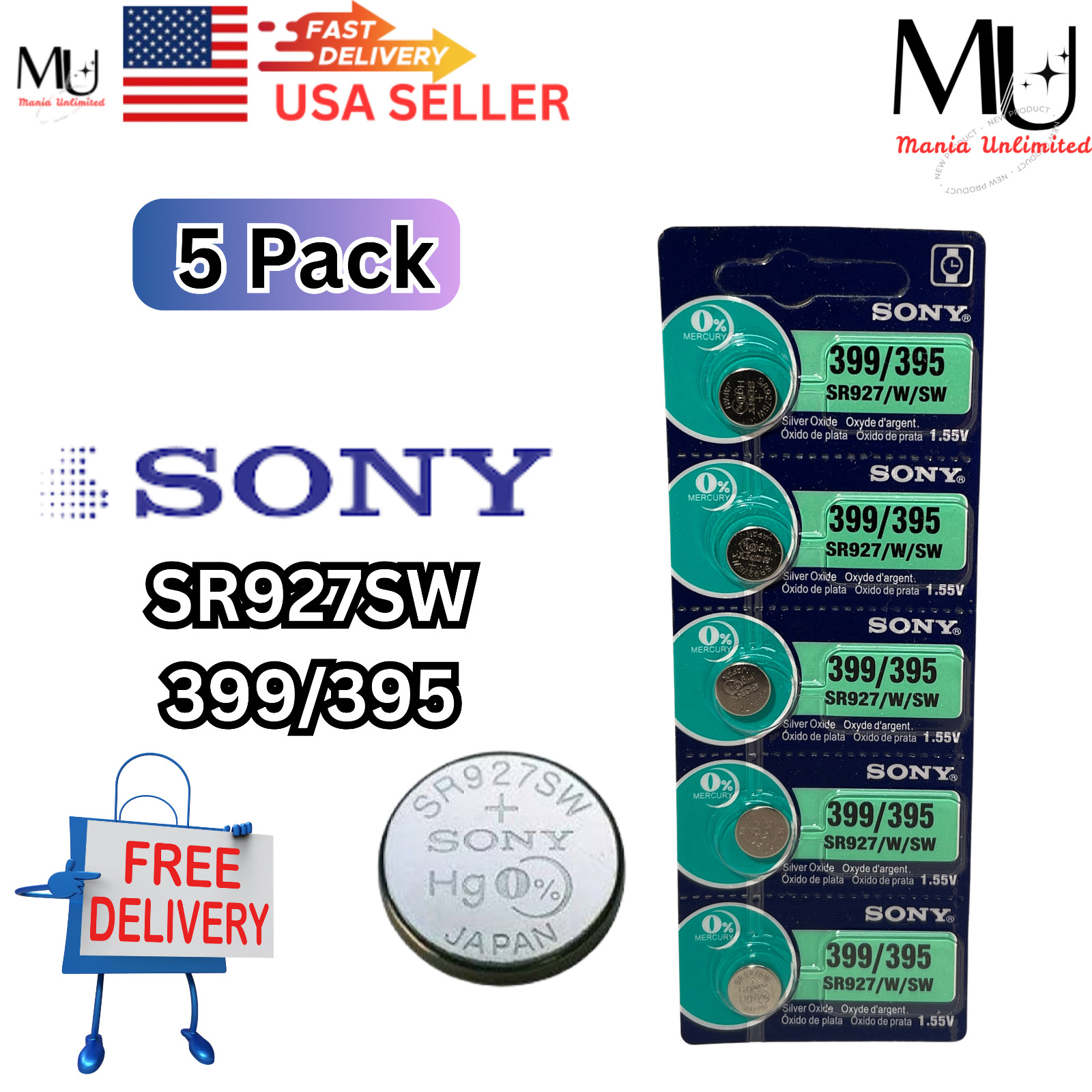 5 X PC SONY SR927SW 399 395 1.55V Coin Battery for Watch Exp Date 12-2030+