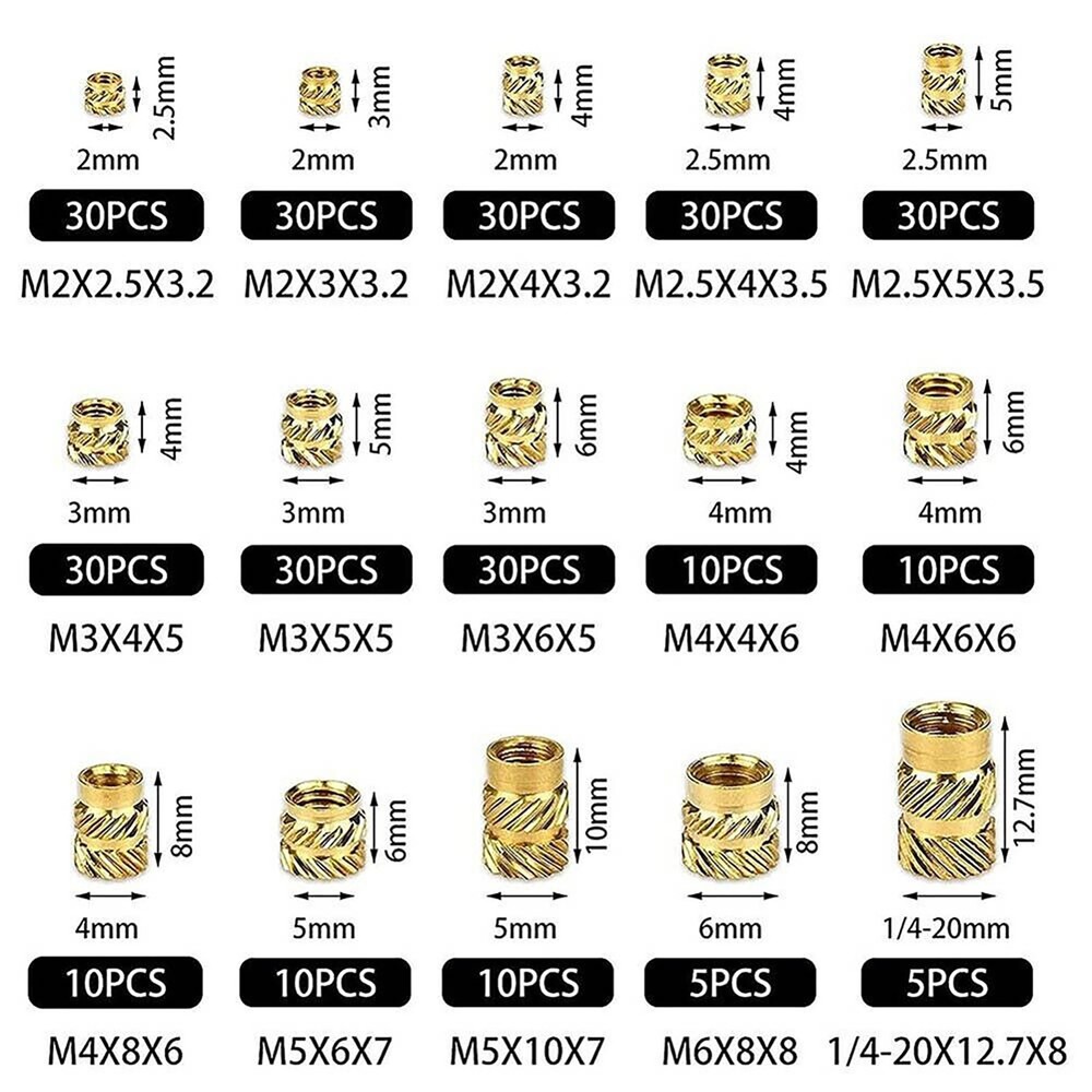 300Pcs M2-M6 Thread Knurled Brass Threaded Insert Embedment Nut Kit+Plastic Box