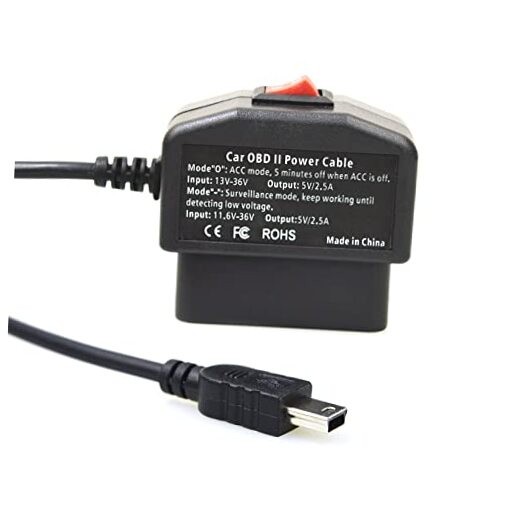 Universal OBD OBD2 Power Cable for Dash Camera 24 Hours 1 Black