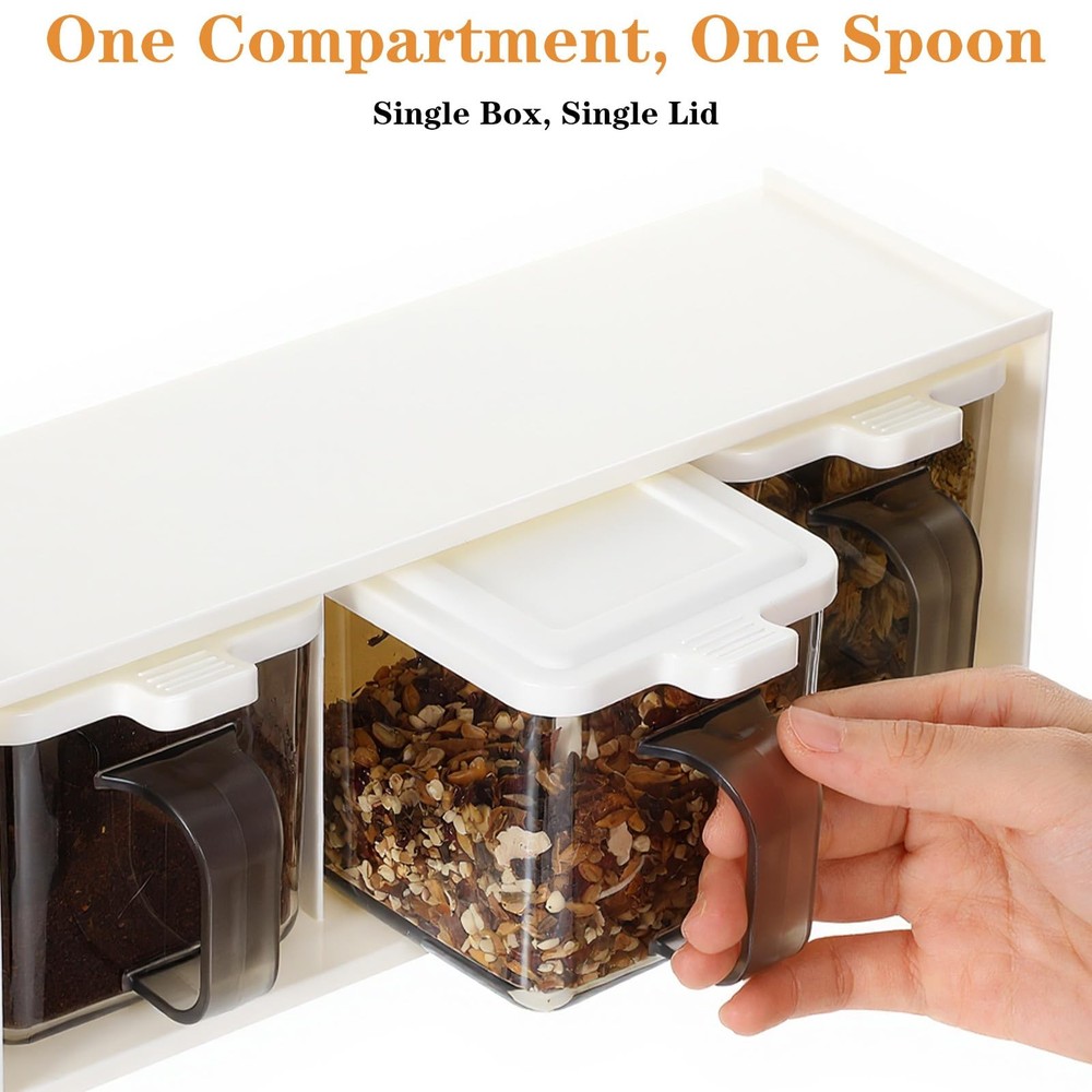 3-Grid Stackable Spice Container Set: Clear Seasoning Box with Spoons & Handle