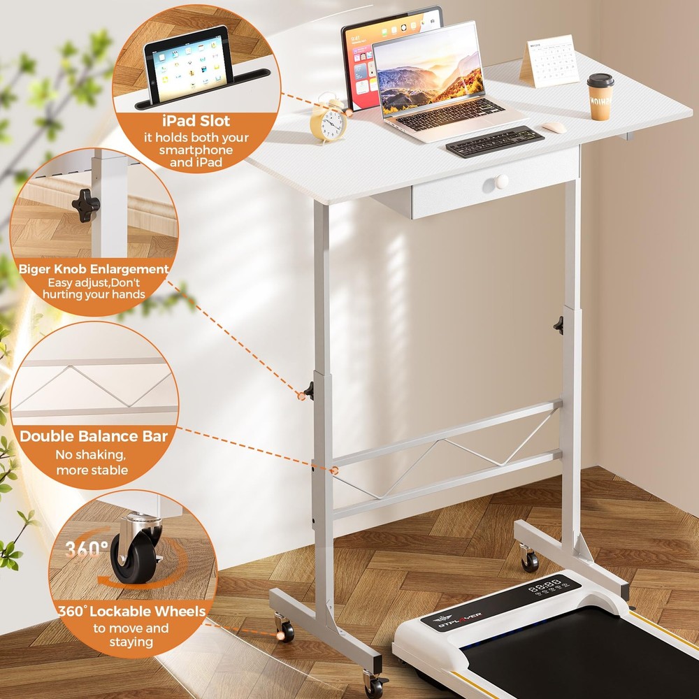COMHOMA Small Standing Desk Adjustable Height Mobile Computer Desk Rolling Lapto