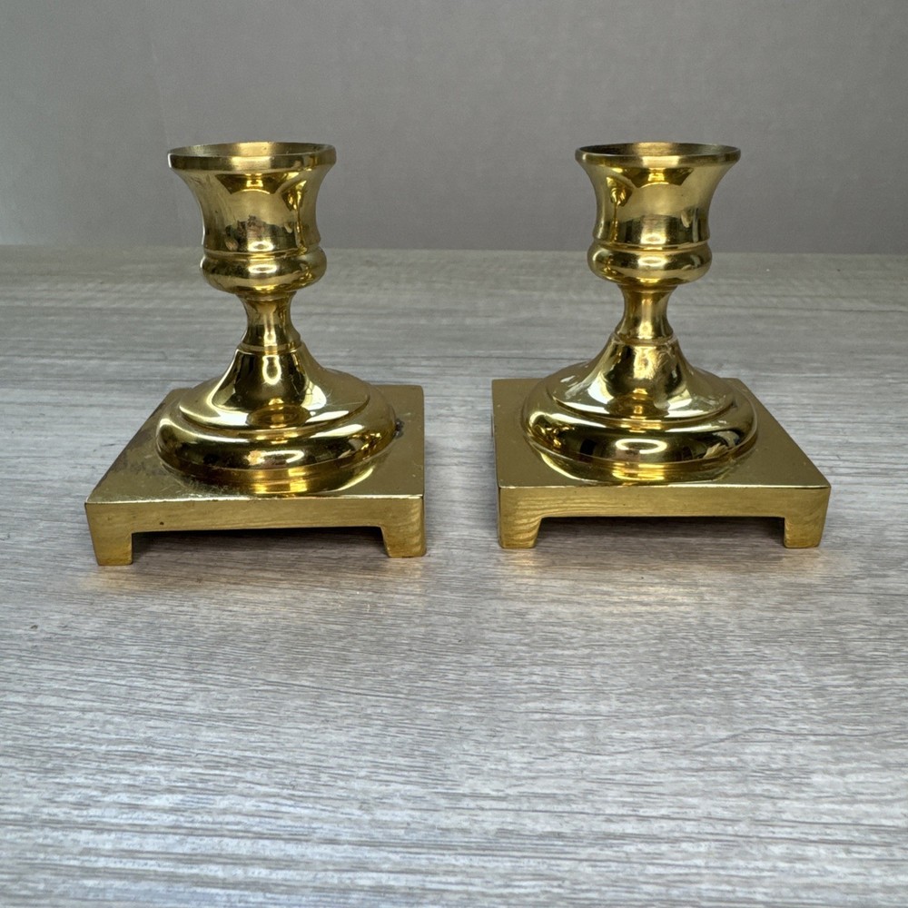 Set of 2 Solid Brass Square Bottom CM Candlesticks 3.25” Tall