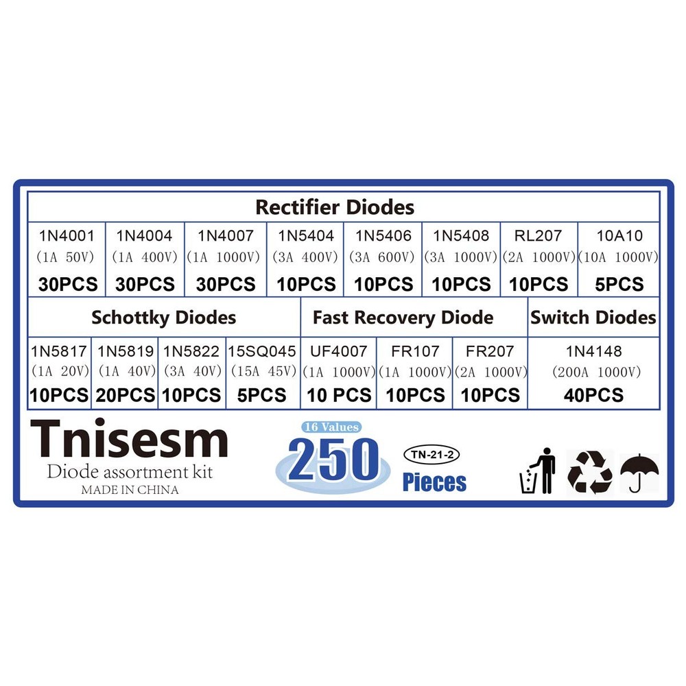 Tnisesm 250 Pcs 16 Values Rectifier/Schottky/Fast 16Values-250PCS