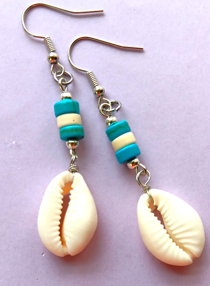 Blue Howlite COWRIE SHELL dangle earring SP Fish hook handcrafted #ACTA