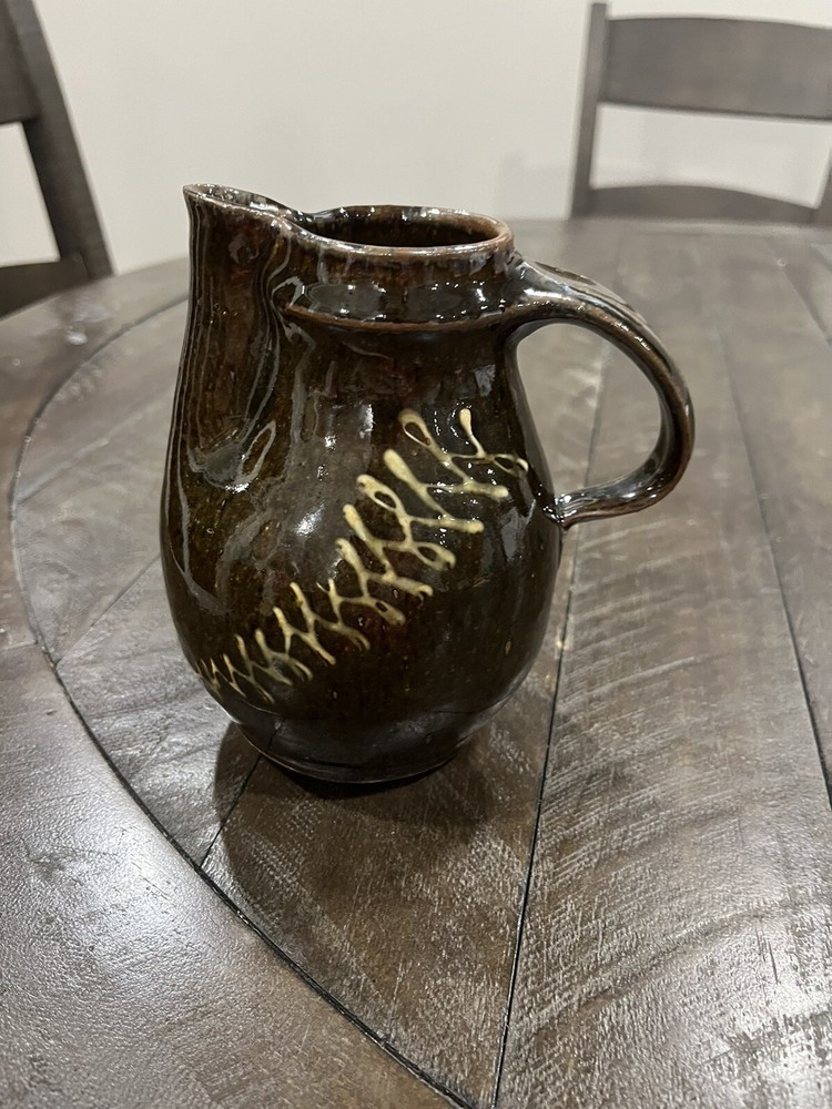 Duel Art Pottery Brown Pitcher Glazed Zigzag Design Studio Handmade Signed