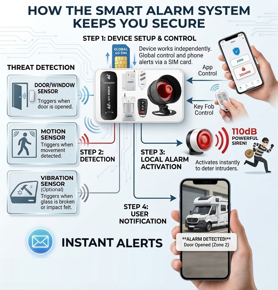 Motorhome Caravan Remote Alarm Security System Wireless Sensor Mobile Live Alert