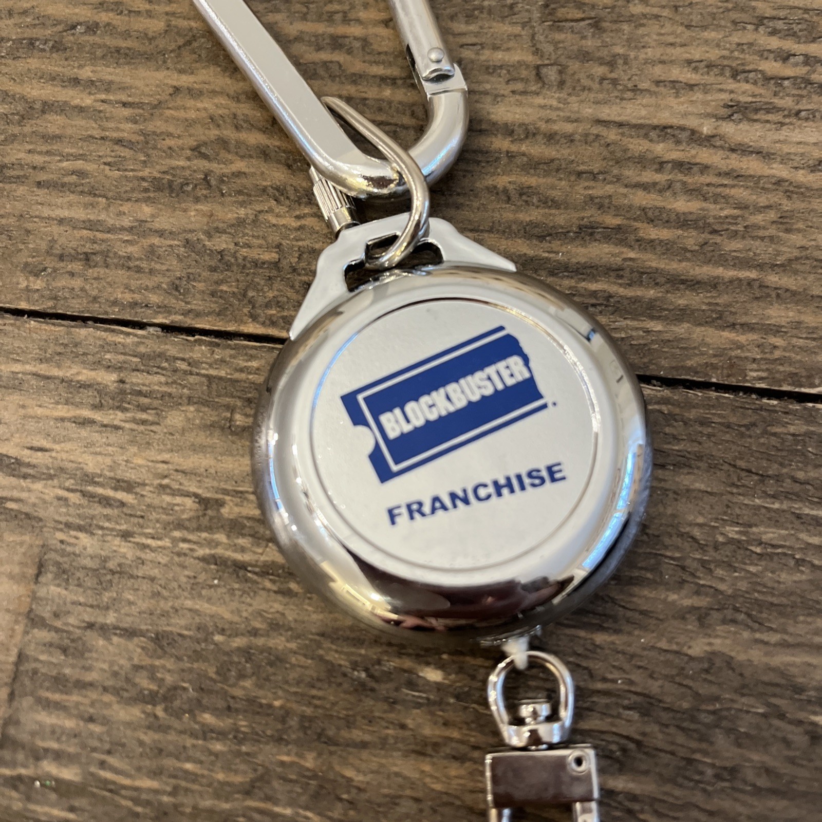 NEW NOS Vtg Blockbuster Video Retractable Keychain Badge Reel Carabiner Silver