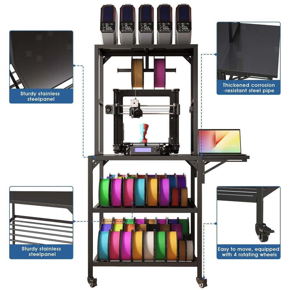 Metal Frame Printer Stand with Organized Spool Storage, Auxiliary Panel &