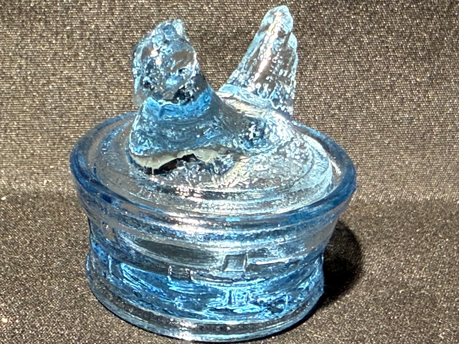 Blue Vaseline uranium glass Hen Chicken on nest basket eggs / salt cellar orange