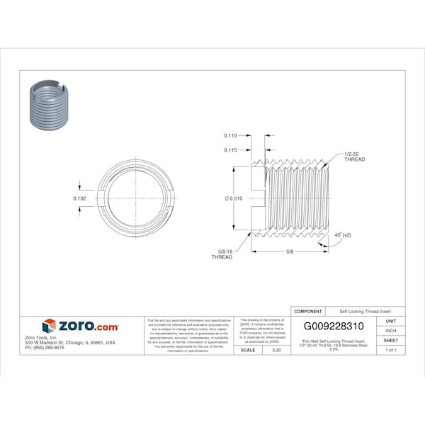 Thin Wall Self Locking Thread Insert, 1/2"-20 Int Thrd Sz, 18-8 Stainless