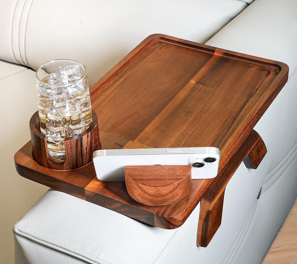 Couch Arm Tray Table with Cup Holder & Adjustable Phone Stand – Foldable A