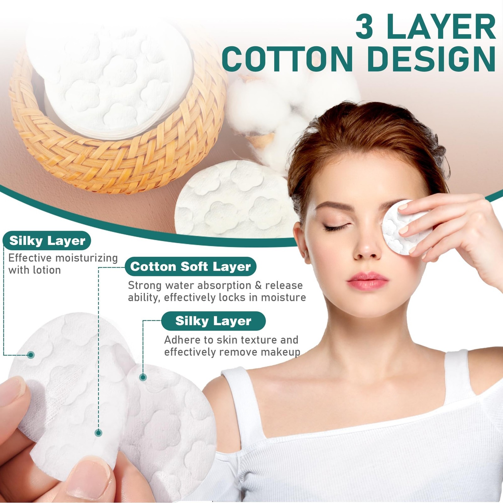 Premium Cotton Rounds for Face, 300 Count Makeup Remover Pads,100% Pure & Nat...