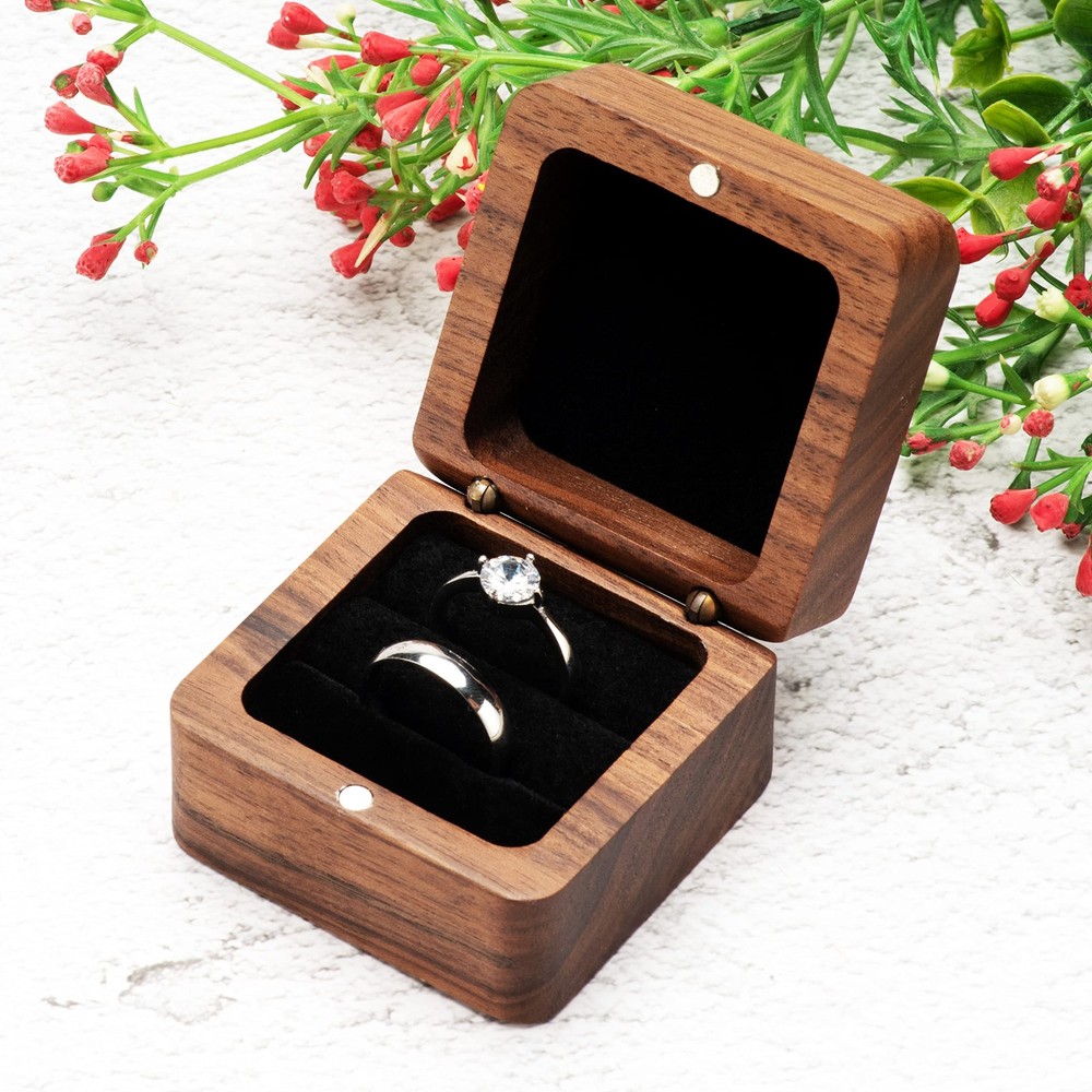 COSISO Square Solid Wood Double Ring Box Case for Wedding Small, Black Inner