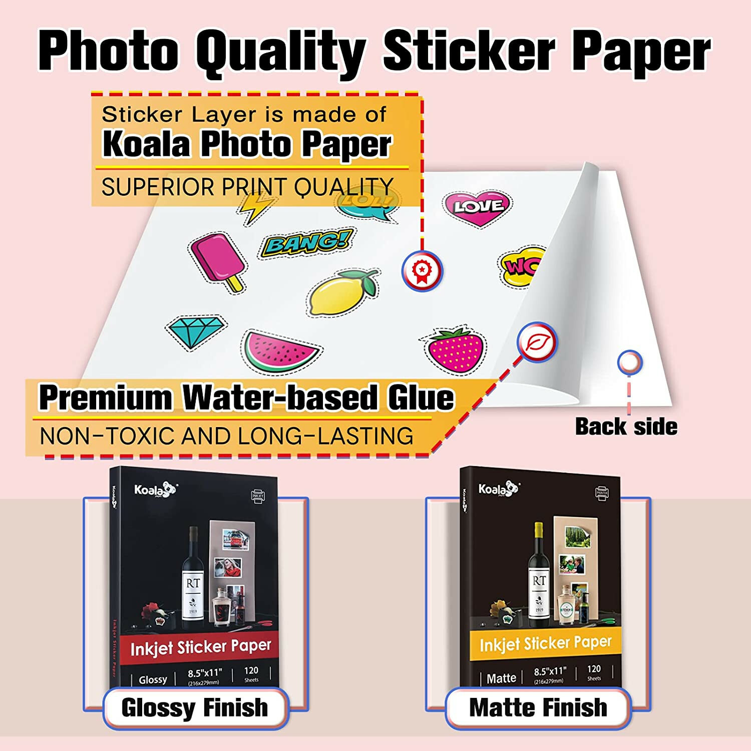 Koala Glossy Sticker Paper for Inkjet, Adhesive Photo Paper 8.5x11 100 Sheets