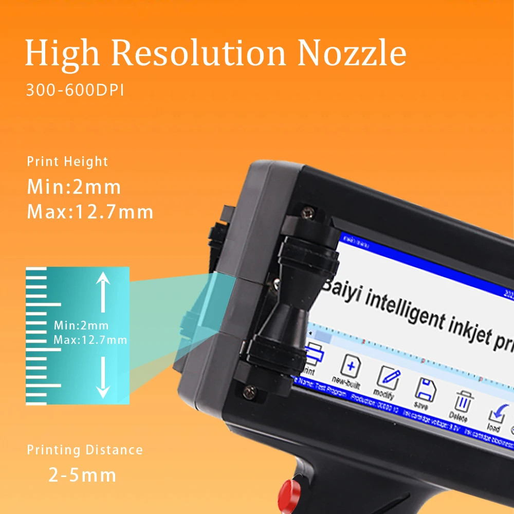 Handheld inkjet printer prints text, batch number, barcode, brand identification