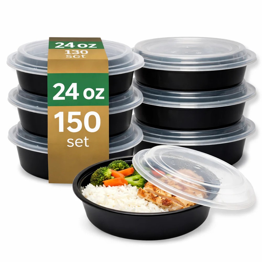 24oz Round Microwaveable Container with Lid, 150 Sets (50/6)