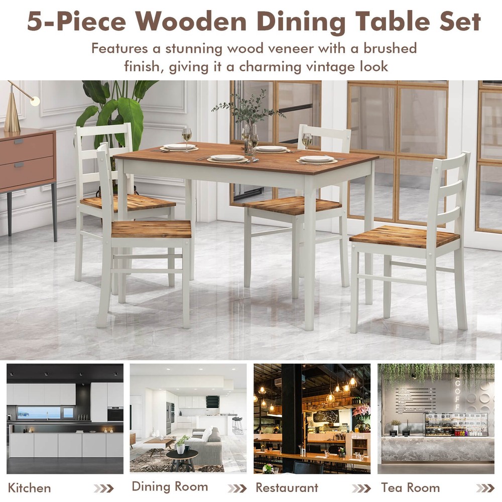 5-Piece Dining Set Solid Wood Kitchen Furniture w/ Rectangular Table & 4 Chairs