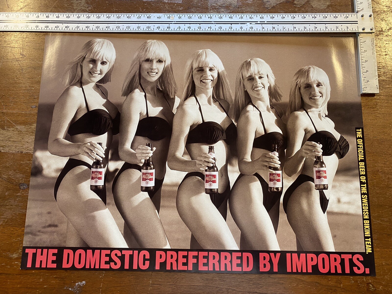 Old Milwaukee Beer Swedish Bikini Team Vintage Poster Sign Double Sided NOS!