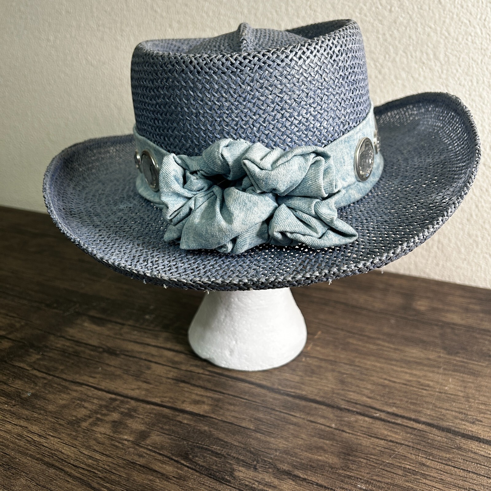 VINTAGE Something Special Straw Hat 1980s Gantos Blue Embellished Derby 3425