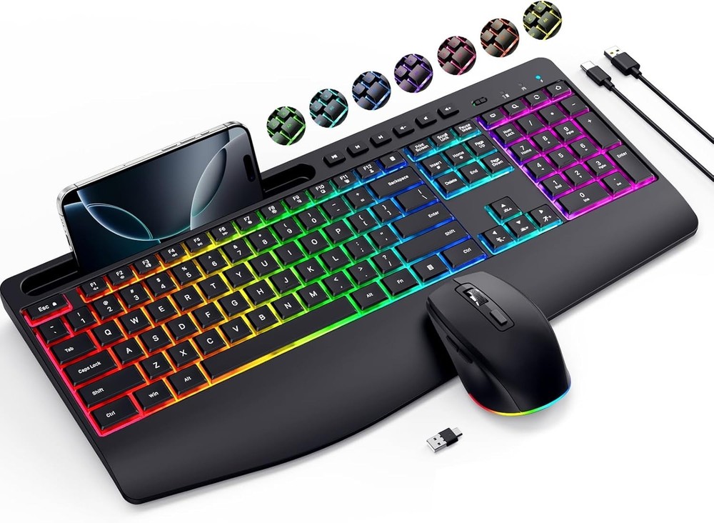 Rechargeable Wireless Keyboard & Mouse Set with Phone Holder & RGB Backlighting