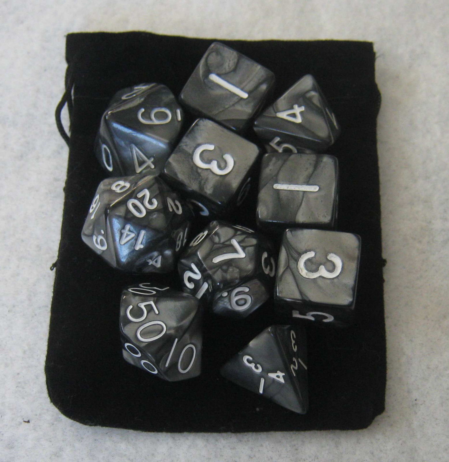NEW Smoke Black RPG D&D Dice Set: 7 + 3d6 = 10 polyhedral die plus bag!