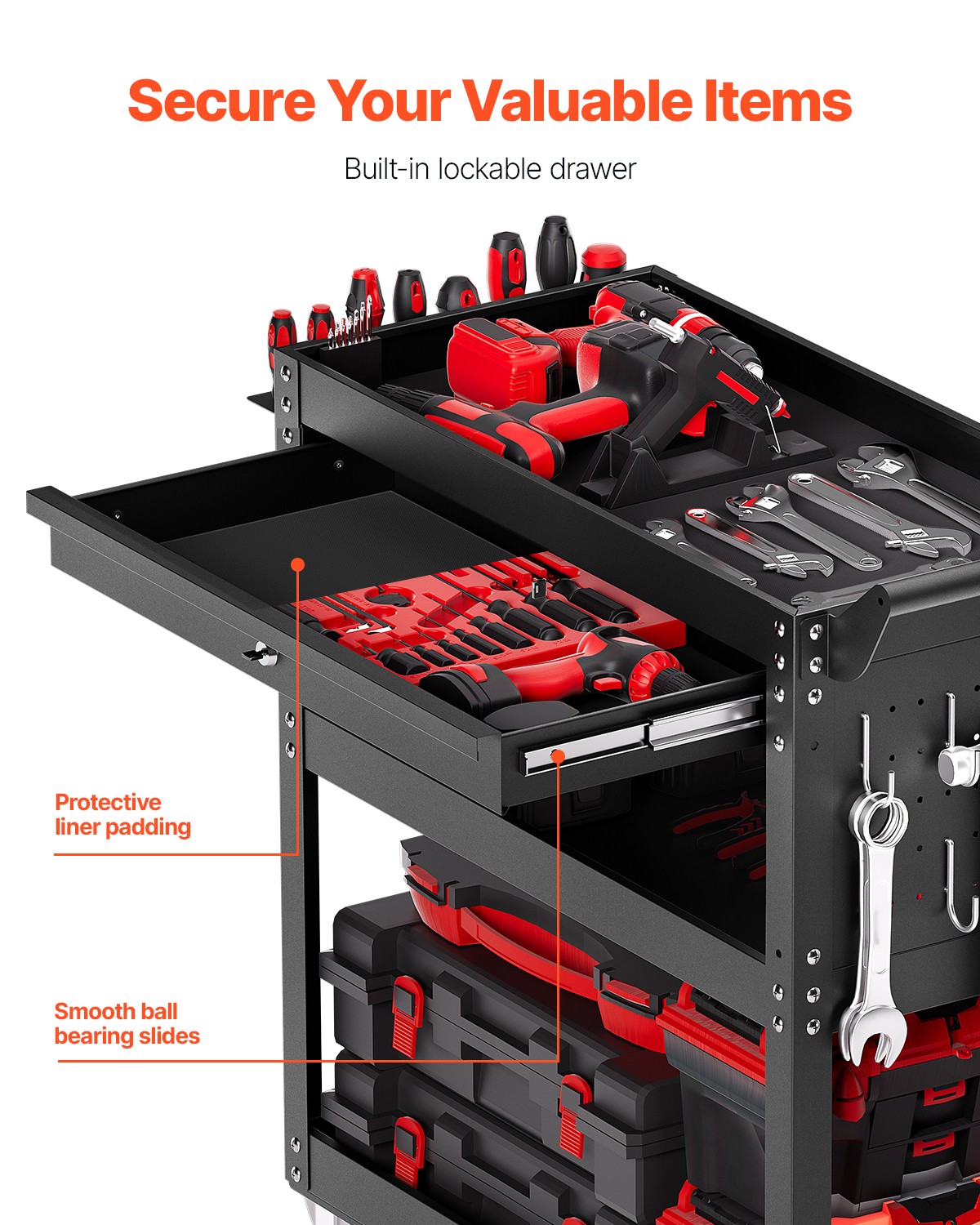 VEVOR 4-Tier Tool Cart on Wheels 350 lb Rolling Work Cart with Drawer & Pegboard