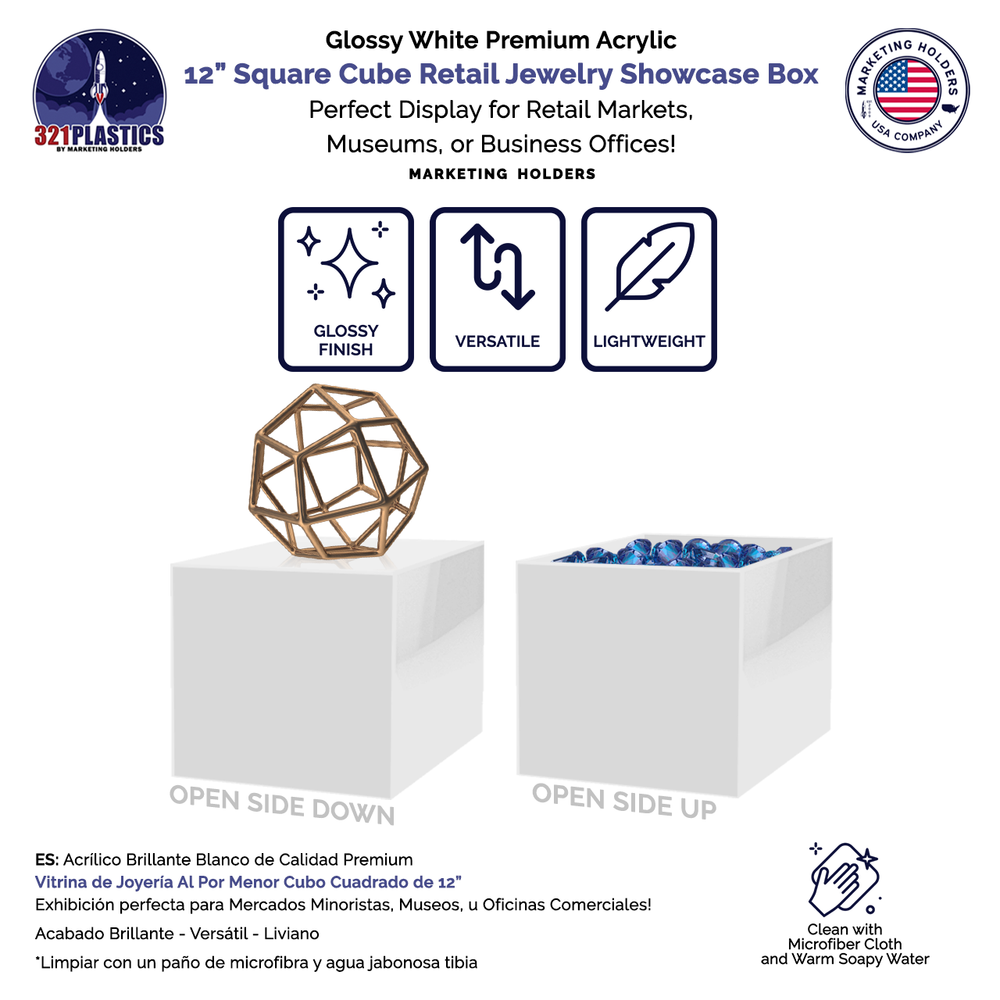 12" Riser Box Glossy White Acrylic Square Product Display Bin One Open Side