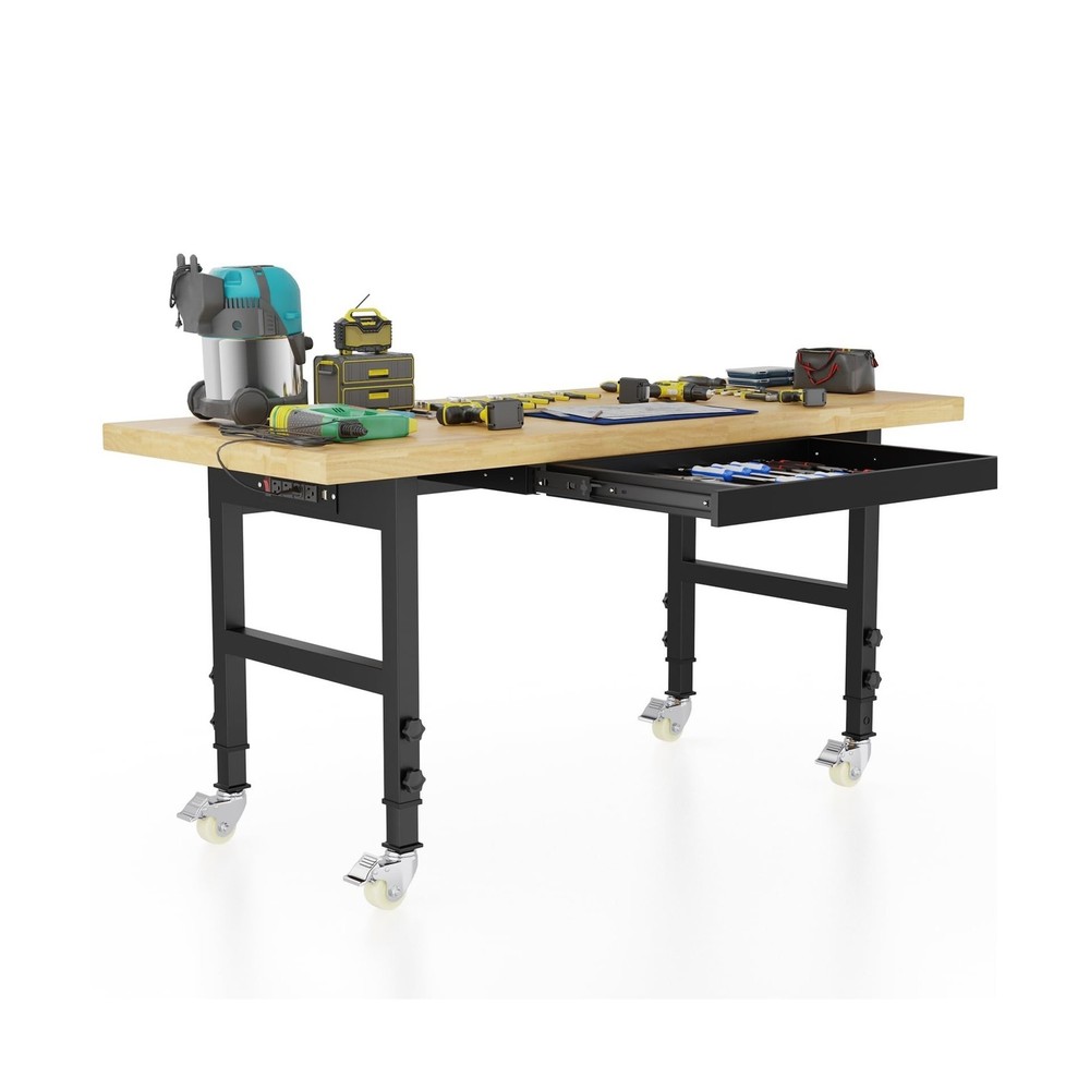 60'' Adjustable Workbench, Heavy-Duty Work Bench Table with Wheels and Power ...