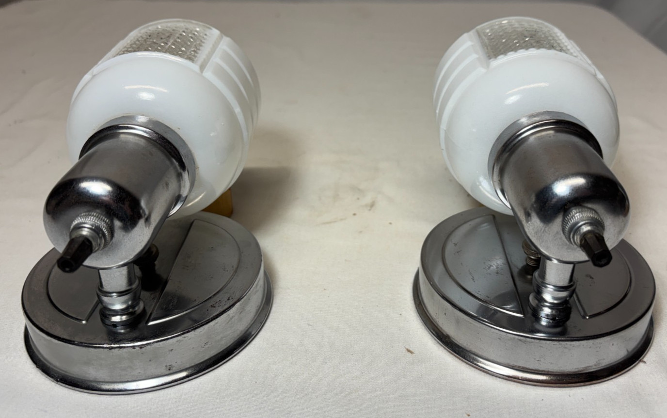 Chrome Sconce Pair Vtg Wall Light Fixture MCM Bathroom Art Deco USA #L92