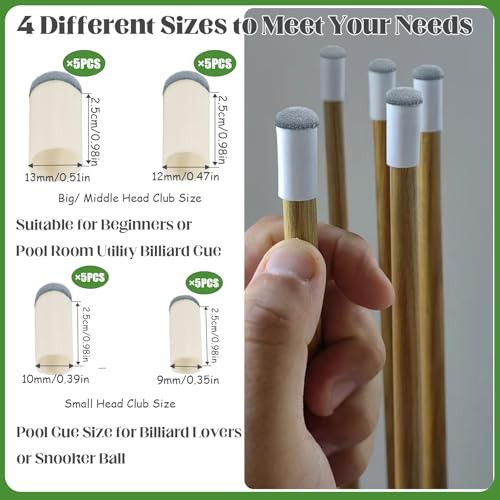 20pcs Slip On Pool Cue Tips, 4 Sizes Pool Queue Stick Tips Replacement Kit,
